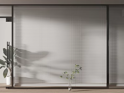 Modern Interior With Vertical Blinds Partition And Green Plants Light Shadows 3d model