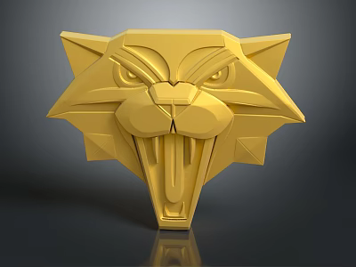 Golden Geometric Animal Head Sculpture Featuring Open Mouth And Sharp Features 3d model