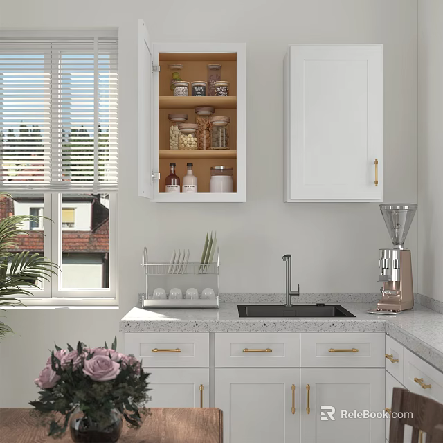 Modern Kitchenware Display With White Cabinets Open Spice Jars Sink And Coffee Grinder 3d model