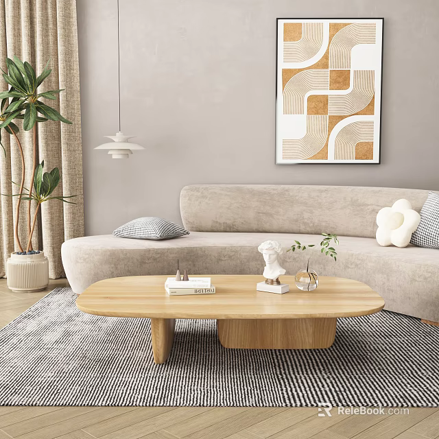 Wooden Coffee Table with Books Sculpture Plant in Glass Vase and Beige Sofa Geometric Art 3d model 