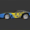 Blue And Yellow Sports Car With Unique Graphic Patterns And Black Rear Spoiler