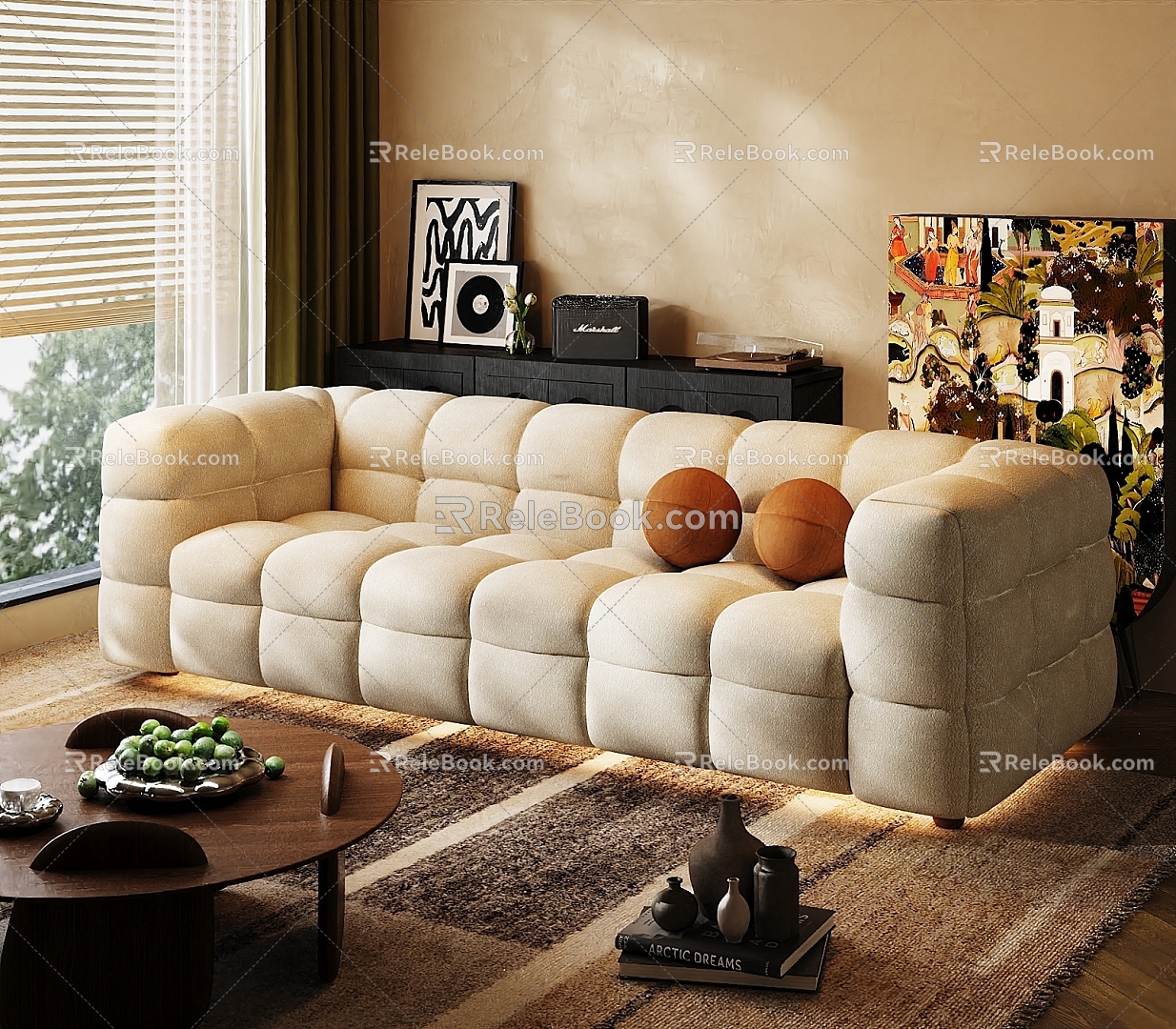 Vintage living room lambswool three-seat sofa 3d model