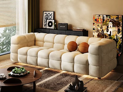 Beige Cloud Style Square Pattern Three Seater Sofa With Basketballs Vinyl Record Player And Decorative Painting 3d model