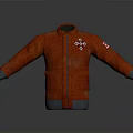 Red Jacket With Cross Logo On Chest Striped Sleeves Pockets And Gray Cuffs Hem