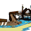 Large Water Slide Playground Structure With Curved Tracks Pool Area And Wooden Platforms