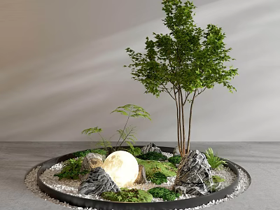 Indoor Interior Landscape With Circular Design Trees Rocks Moss And Glowing Sphere 3d model