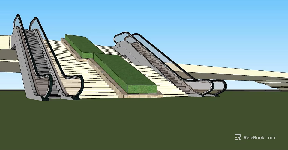 Architectural Outdoor Escalator Structure With Stairs And Green Landscaping 3d model 