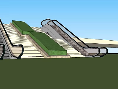 Architectural Outdoor Escalator Structure With Stairs And Green Landscaping 3d model