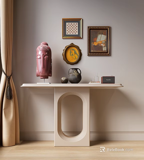 Elegant Console Table with Pink Sculpture Black Pot Wall Frames and Beige Curtains 3d model