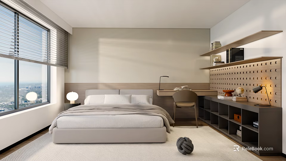 Cozy Kids Bedroom Interior With Bed Desk Chair Shelves And Natural Light 3d model 