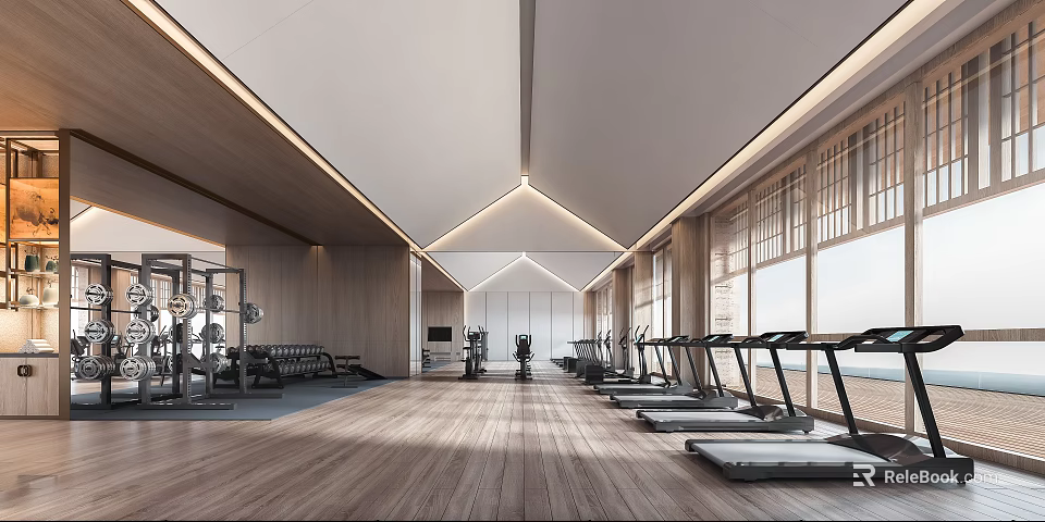 Modern Fitness Gym Interior With Treadmills Workout Equipment Wooden Flooring And Large Windows 3d model 