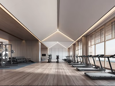 Modern Fitness Gym Interior With Treadmills Workout Equipment Wooden Flooring And Large Windows 3d model