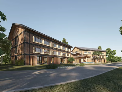 Traditional Wooden Buildings With Courtyard Green Trees And Front Road 3d model
