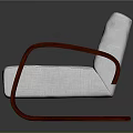 Modern Chair Featuring White Fabric Cushion And Red Wooden Armrests