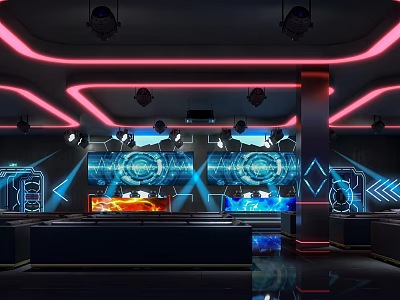 Futuristic Cyber Cafe Interior With Neon Lights Large Screens And Tech Gaming Vibe 3d model