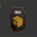 Tactical Metal Shield Weapon With Yellow Geometric Design Red Bloodstains And Transparent Viewing Window