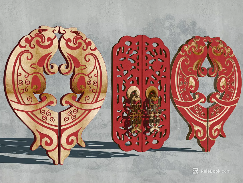 Garden Decorative Ornaments With Intricate Carved Patterns Red Wooden Oval Shaped Panels 3d model 
