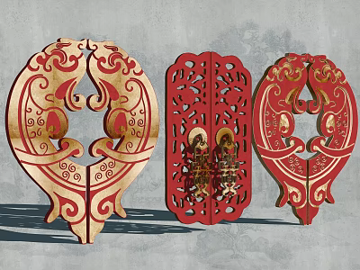 Garden Decorative Ornaments With Intricate Carved Patterns Red Wooden Oval Shaped Panels 3d model