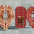 Garden Decorative Ornaments With Intricate Carved Patterns Red Wooden Oval Shaped Panels