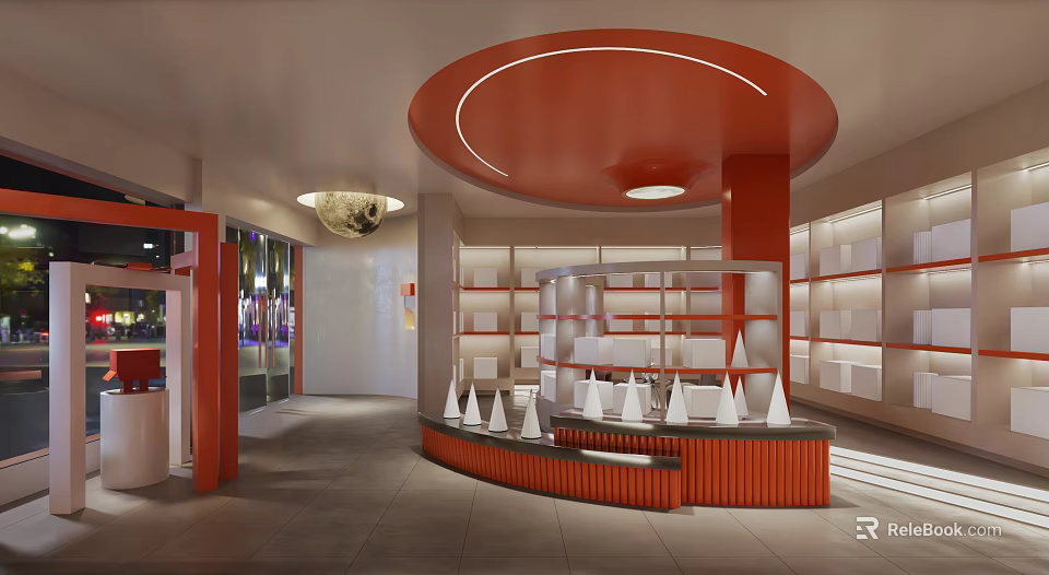 Modern Interior Space With Red Curved Ceiling Display Shelves And White Cone Decorations 3d model 