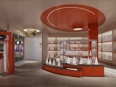 Modern Interior Space With Red Curved Ceiling Display Shelves And White Cone Decorations 3d model