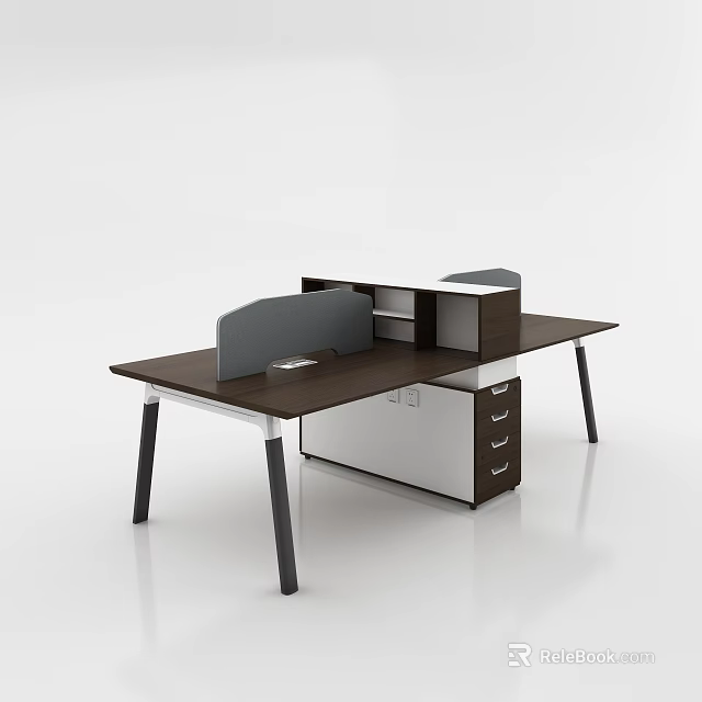 Modern Office Desk With Brown Top Gray Partition And White Drawer Cabinet 3d model 
