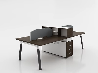 Modern Office Desk With Brown Top Gray Partition And White Drawer Cabinet 3d model