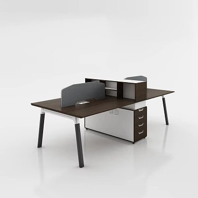Modern Office Desk With Brown Top Gray Partition And White Drawer Cabinet 3d model