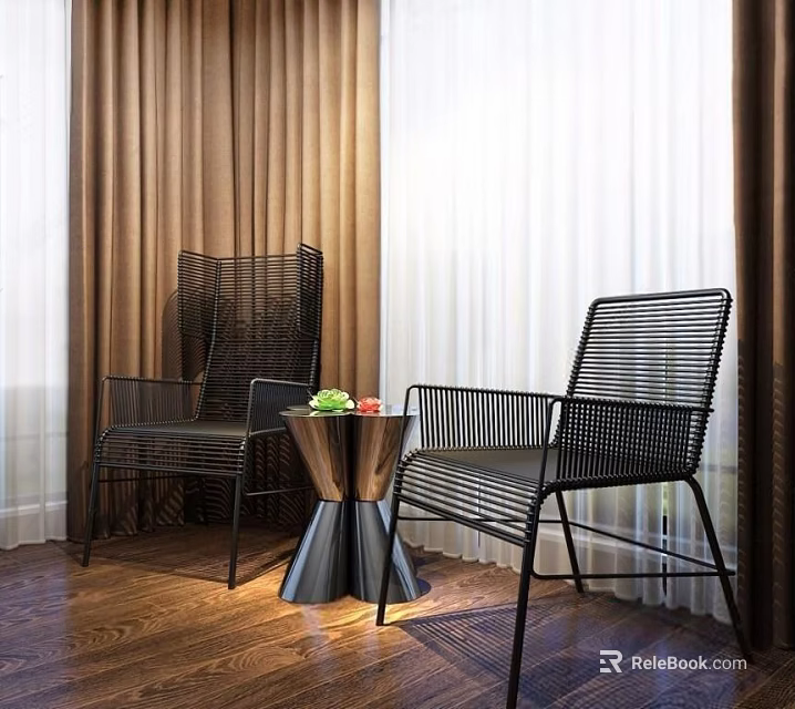 Modern Table and Chair Set With Black Woven Chairs Metallic Round Table Wooden Floor Curtains 3d model 