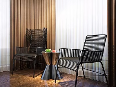 Modern Table and Chair Set With Black Woven Chairs Metallic Round Table Wooden Floor Curtains 3d model
