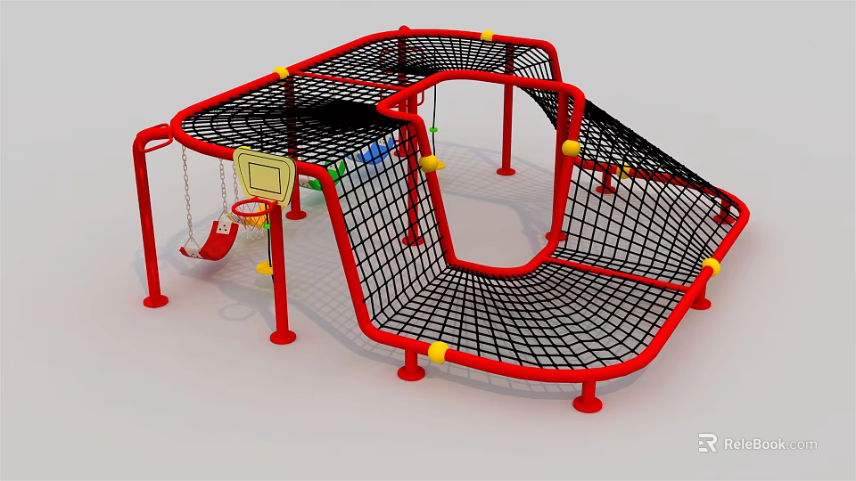 Colorful Playground Equipment With Red Frame Black Netting Swing And Basketball Hoop 3d model 