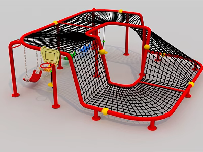 Colorful Playground Equipment With Red Frame Black Netting Swing And Basketball Hoop 3d model