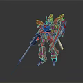 Red And Gold Mecha Model With Spear Sword And Reflection On Black Background