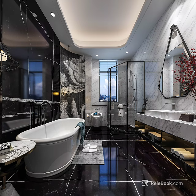 Modern Luxury Marble Bathroom Interior Design With Freestanding Bathtub And Elegant Glass Shower Enclosure 3d model 