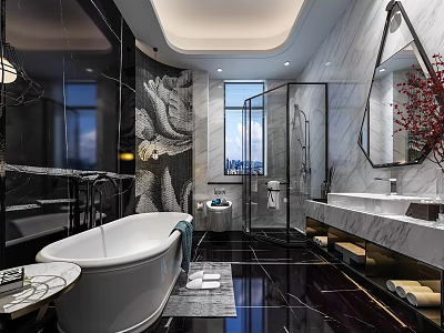 Modern Luxury Marble Bathroom Interior Design With Freestanding Bathtub And Elegant Glass Shower Enclosure 3d model