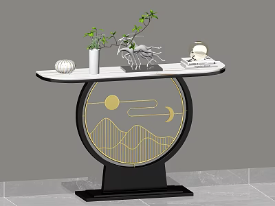 Chinese Console Table With Black Gold Mountain Sun Moon Pattern White Top Green Plants Decor 3d model