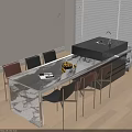 Modern Kitchen Interior With Marble Dining Table And Colorful Metal Leg Chairs Set