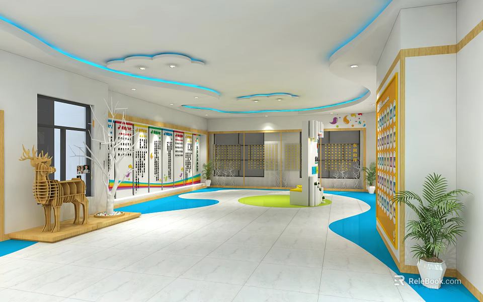 Bright Children Activity Center Interior Design With Colorful Floor Cloud Ceiling Bookshelves And Plants 3d model 