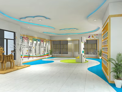Bright Children Activity Center Interior Design With Colorful Floor Cloud Ceiling Bookshelves And Plants 3d model