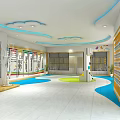 Bright Children Activity Center Interior Design With Colorful Floor Cloud Ceiling Bookshelves And Plants