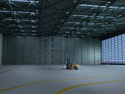 Spacious Industrial Warehouse Interior With Metal Ceiling Scaffolding Forklift And Yellow Floor Lines 3d model