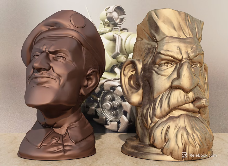 Artistic Human Head Sculpture Carving Detailed Portraits With Craft Tools In Workshop 3d model 
