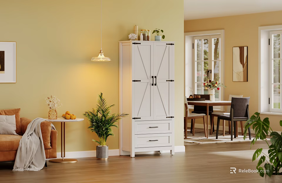 White Farmhouse Tall Storage Cabinet With Barn Doors And Two Drawers For Cozy Home Organization 3d model 