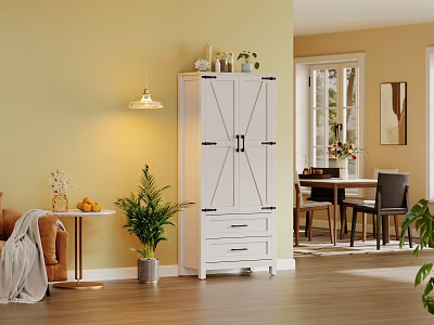 White Farmhouse Tall Storage Cabinet With Barn Doors And Two Drawers For Cozy Home Organization 3d model