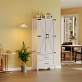 White Farmhouse Tall Storage Cabinet With Barn Doors And Two Drawers For Cozy Home Organization