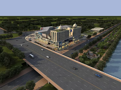Scenic Commercial Street Featuring Modern Shopping Mall Greenery And Waterfront Vehicles 3d model