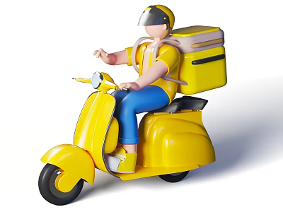Man Riding Yellow Scooter Wearing Helmet Yellow Jacket And Blue Pants With Delivery Box 3d model