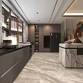Modern Living and Dining Room Interior With Marble Counter Wooden Cabinets And Chandelier