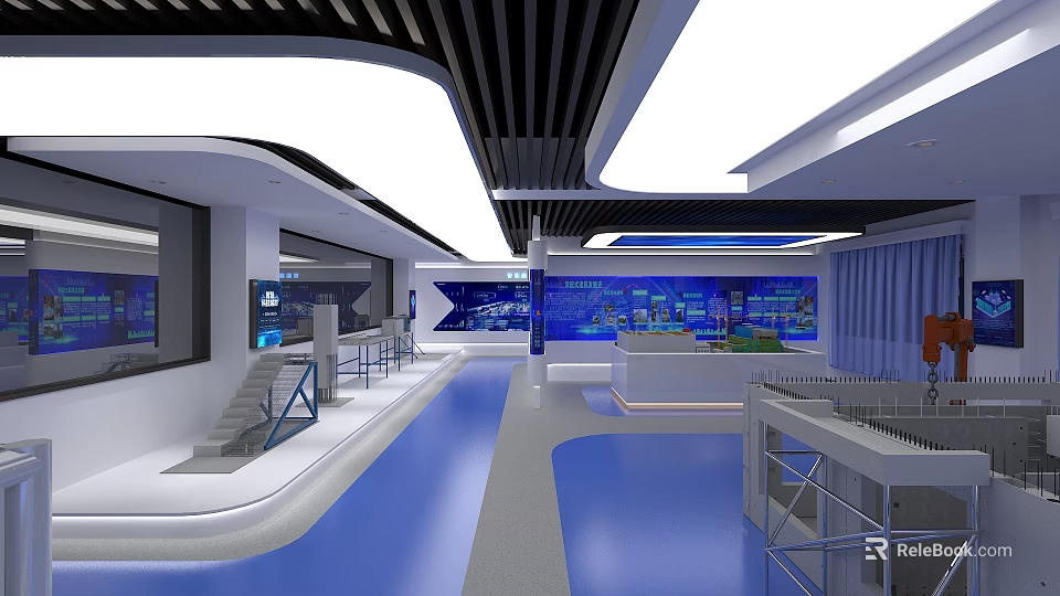 Modern Exhibition Hall Interior With Blue Flooring White Ceiling Display Screens And Counters 3d model 