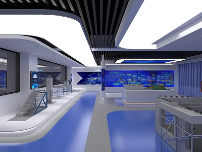 Modern Exhibition Hall Interior With Blue Flooring White Ceiling Display Screens And Counters 3d model